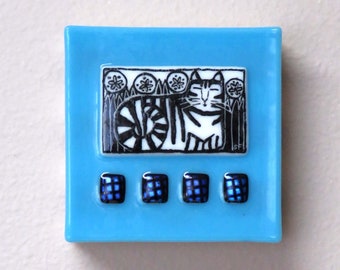 Garden Cat Fused Glass Wall or Desk Decor/ Original Art Tabby Cat With Dichroic Accents/ OOAK Handmade Art Glass by Susan Carr