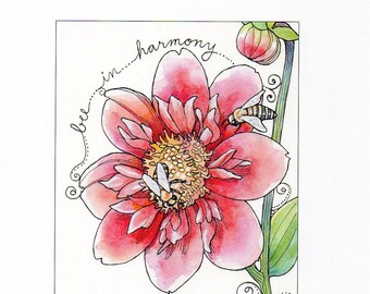 Botanical Art Print/ "Bee in Harmony" Inspirational Art/ Dahlia Flower Watercolor Art by Susan Faye Carr