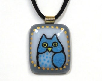 Owl Lover Art Glass Pendant/  OOAK Handcrafted Fused Glass Jewelry