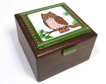 Whimsical Owl Fused Glass Box/ Original Woodland Bird Art on Vintage Walnut Wood Box/ Glass Art by Susan Carr