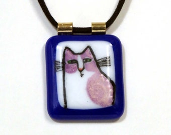 Cat Lover Art Glass Pendant/ Lavender Cat on Cobalt Blue/ OOAK Handcrafted Fused Glass Jewelry