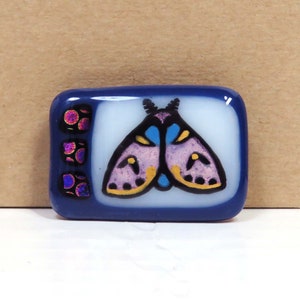 Handcrafted Art Glass Moth Brooch/ Wearable Art Pin with Dichroic Accents on Blue/ OOAK Fused Glass Jewelry by Susan Faye Carr