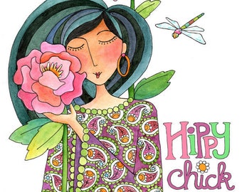 Garden Hippie Lady Art Print/ "Hippy Chick" Flower Child in Paisley/With or Without Text/ Whimsical Illustration Art by Susan Faye Carr