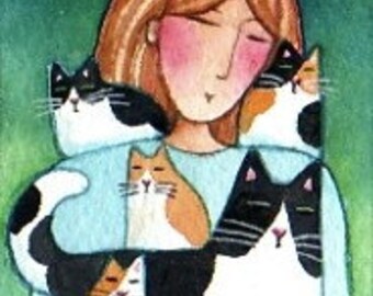 ACEO Free Shipping Gray Cat with teapots print from Original Watercolor painting