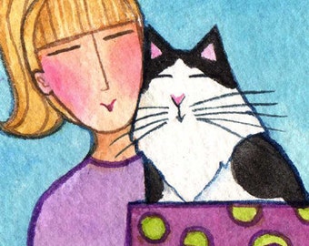 ACEO Free Shipping Gray Cat with teapots print from Original Watercolor painting