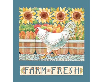 Farmers Market Art Print/ "FARM FRESH" White Rooster, Sunflowers/ Choose Green or Blue Background/ Illustration by Susan Faye Carr