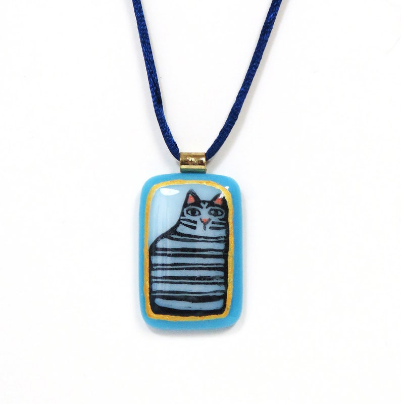 Tabby Cat Art Glass Pendant/ OOAK Cat Lover Jewelry/ Handcrafted Hand-Painted Fused Glass image 1