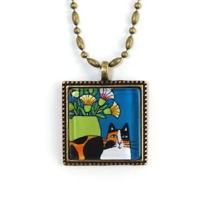 Calico Cat Glass Necklace/ Pet Lover Handcrafted Jewelry, Art by Susan Faye