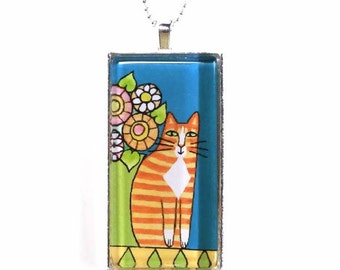 Orange Tuxedo Cat Jewelry/ Ginger Tabby Art Glass Pendant by Susan Faye