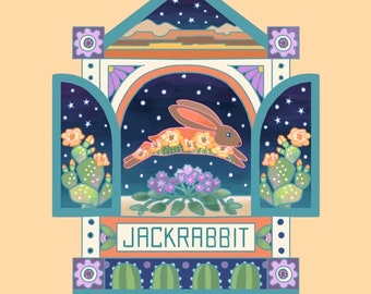 Jackrabbit Cactus Garden Art Print/   Whimsical Shrine from “Spirit Animal” Series/ Wall Decor Art by Susan Faye Carr