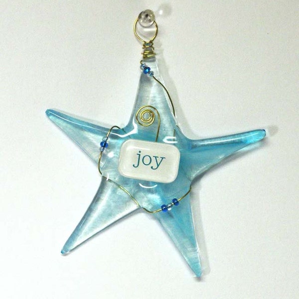 OOAK Glass Christmas Ornament/ JOY Wishing Star in Aqua Blue by Susan Faye