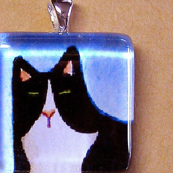 TUXEDO CAT... Wearable Art... Glass Pendant for Cat Ladies