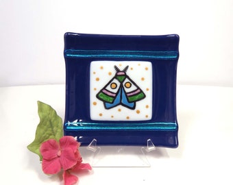 Handcrafted Glass Moth Art Dish/ Fanciful Moth Fused Glass/ Original Art by Susan Faye Carr