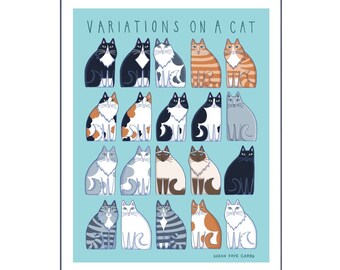 Cat Lover Art Print/  “Variations on a Cat”/ Whimsical Decorative Art by Susan Faye Carr