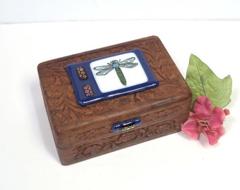 Dragonfly Fused Glass Art Trinket Box/ Upcycled Wooden Box for Him or Her/ OOAK Glass Art by Susan Carr