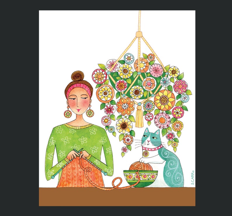 Knitting Cat Lady Art Print/ Knitty Kitty Whimsical Illustration/ Art by Susan Faye Carr image 3