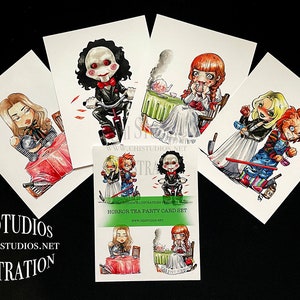 May include: Set of five illustrated horror tea party cards featuring characters from horror movies. The cards are white with black borders and feature colorful illustrations of characters like Chucky, Jigsaw, and Samara. The cards are part of a set called "Horror Tea Party Card Set" and include the website address "www.chistudios.net".