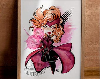 Könnte beinhalten: Eine Aquarell-Illustration einer Comic-Scarlet Witch, einer Superheldin aus Marvel Comics, mit roten Haaren und einem rot-schwarzen Kostüm. Sie hält einen rosa Energieball in ihren Händen und hat einen entschlossenen Ausdruck im Gesicht. Der Hintergrund ist ein hellrosa Aquarell-Wasch.