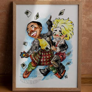 May include: A watercolor illustration of two cartoon characters, one with a yellow shirt and a red and green kilt, and the other with a white fur collar and a red and black skirt, holding a stick and flying through the air with a blue background and white squares falling around them.