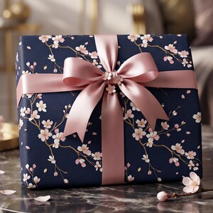 Cherry Blossom Wrapping Paper | Navy Floral Gift Wrap Roll | Sakura Gift Wrap | Elegant Pink Blossom Wrapping Paper