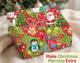 Kerstcadeaupapier voor kinderen, ontwerpen kerstman, sneeuwpop, pinguïn, ijsbeer