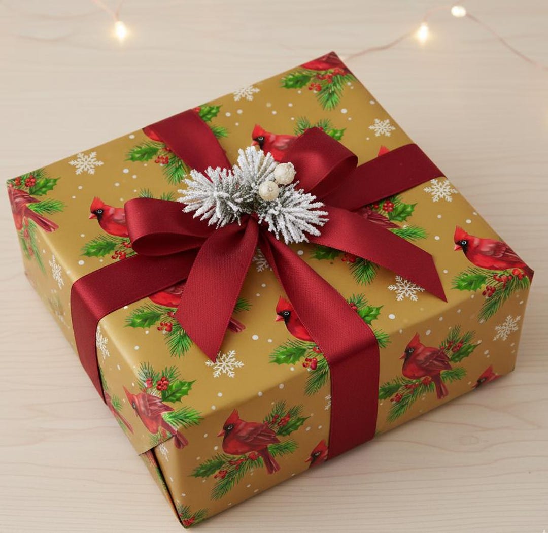 Gold Christmas Wrapping Paper: Red Cardinals & Holiday Greens - Etsy
