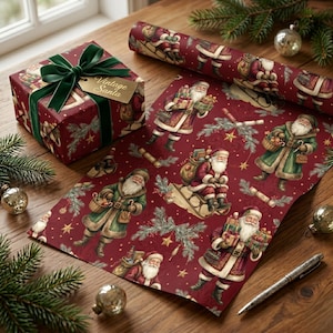 Papel de embrulho natalino vintage com o Papai Noel | Embrulho natalino vitoriano