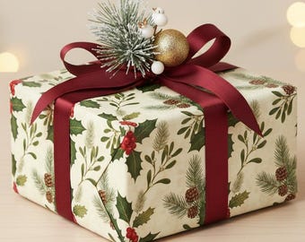 Botanical Christmas Wrapping Paper: Elegant Pinecones, Holly & Berries