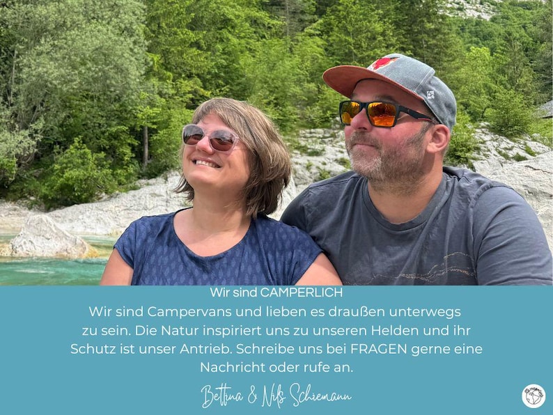 May include: Two people, a man and a woman, are standing in front of a river and green trees. The man is wearing a blue shirt, a baseball cap, and sunglasses. The woman is wearing a blue shirt and sunglasses. The text on the image reads: "Wir sind CAMPERLICH Wir sind Campervans und lieben es drau&szlig;en unterwegs zu sein. Die Natur inspiriert uns zu unseren Helden und ihr Schutz ist unser Antrieb. Schreibe uns bei FRAGEN gerne eine Nachricht oder rufe an. Bettina & MMS Schiemann"