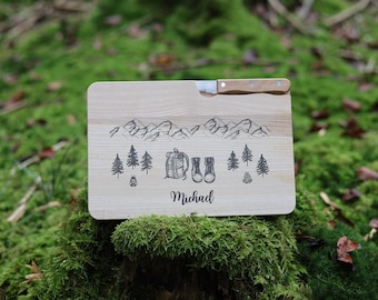 Cutting board with knife personalized, hiking gift, snack board personalized, snack board with knife, hiking, backpack, mountains