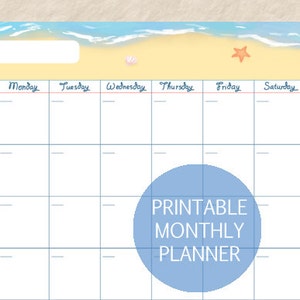 Printable Beach Undated Calendar, Seashore Monthly Planner, Summer Beach Calendar, Sandy Beach Calendar