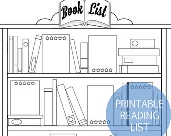 Könnte beinhalten: Eine schwarz-weiße druckbare Leseliste mit einem Bücherregal-Design. Der Text "Book List" befindet sich oben im Bild. Der Text "Printable Reading List" befindet sich in einem Kreis in der Mitte des Bildes.