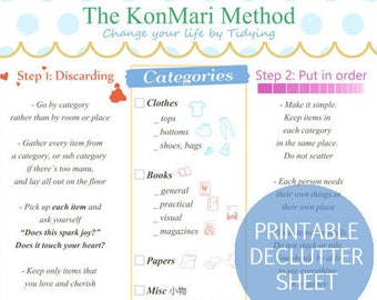 Könnte beinhalten: Ein druckbares Entrümpelungsblatt mit der KonMari-Methode, ein Leitfaden zum Aufräumen Ihres Zuhauses. Das Blatt ist in zwei Abschnitte unterteilt: Entsorgen und Ordnen von Gegenständen. Die Kategorien umfassen Kleidung, Bücher, Papiere, verschiedene Gegenstände und sentimentale Gegenstände.