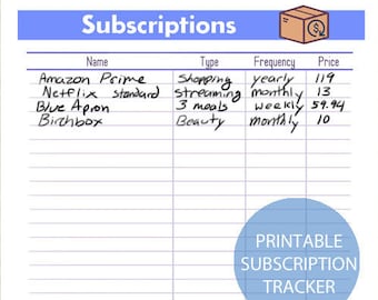 Printable Subscriptions Tracker, Printable Subscription List, Subscription Planner