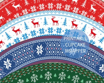 Printable Holiday Sweater Pattern Cupcake Wrappers, Christmas Sweater Cupcake Wrappers, Red Blue Sweater Cupcake, Winter Sweater Cupcake