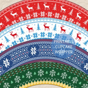 Printable Holiday Sweater Pattern Cupcake Wrappers, Christmas Sweater Cupcake Wrappers, Red Blue Sweater Cupcake, Winter Sweater Cupcake