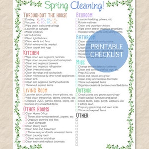 May include: A printable spring cleaning checklist with tasks organised by room and category. The checklist includes tasks like dusting, vacuuming, laundry, organising, and cleaning various areas of the house, including the kitchen, bathroom, bedroom, living room, and outdoor spaces.