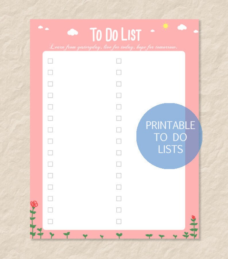 May include: A pink printable to-do list with a white border and a blue circle with the text "Printable To Do Lists". The list has 20 blank checkboxes on each side.