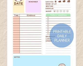 Könnte beinhalten: Druckbarer Tagesplaner mit einer niedlichen Hamster-Illustration. Der Planer enthält Abschnitte für Datum, Uhrzeit, Zeitplan, Merken, Wetter, Stimmung, To-Do, Einkaufen und Notizen.