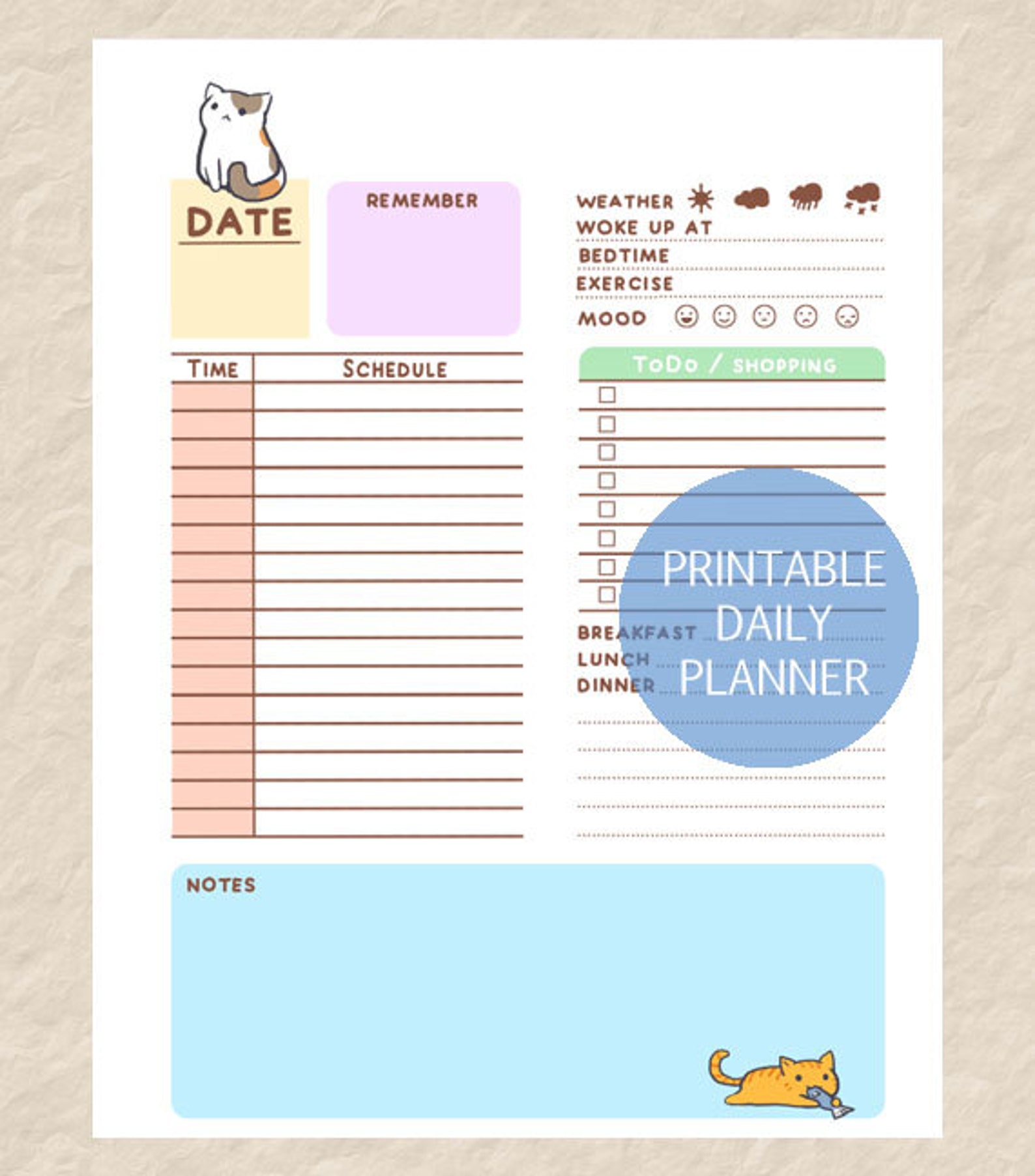 Printable Cute Cat Daily Planner, Cute Cat Theme Day Planner, Cute Cat ...