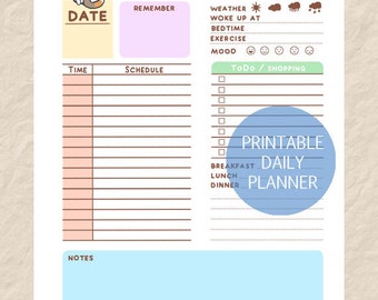 Könnte beinhalten: Druckbarer Tagesplaner mit einer Katzenillustration. Der Planer enthält Abschnitte für Datum, Uhrzeit, Zeitplan, To-Do-Liste, Einkaufsliste, Notizen, Wetter, Stimmung, Frühstück, Mittagessen und Abendessen.