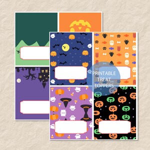 May include: Printable Halloween treat toppers with different designs.  The designs include pumpkins, bats, ghosts, candy corn, witches hats, and skulls.  The toppers have blank spaces for writing names.