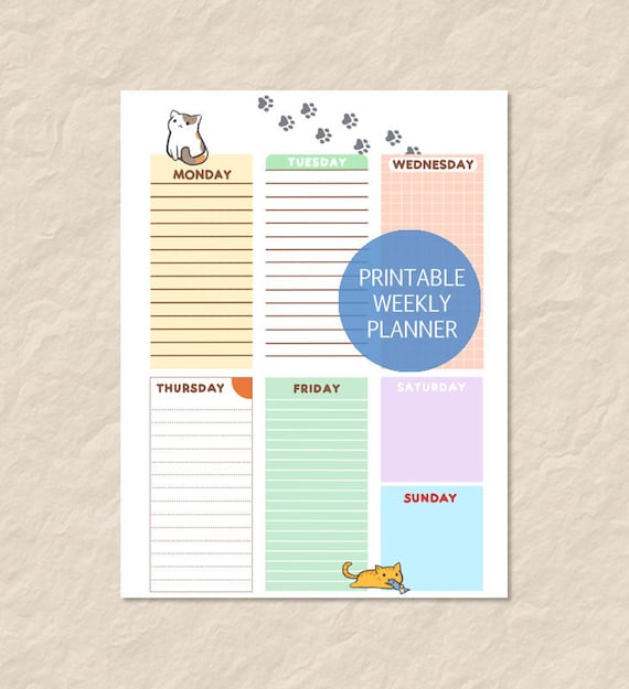Printable Cute Cat Weekly Planner, Cute Cat Week Planner, Cute Cat Undated Filofax Inserts, Cute Cat Planner Inserts, Cat Weekly Journal