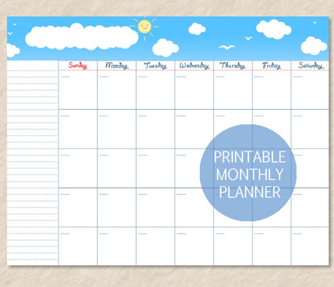 Printable Sunny Sky Calendar, Sunny Skies Undated Calendar, Sun and ...