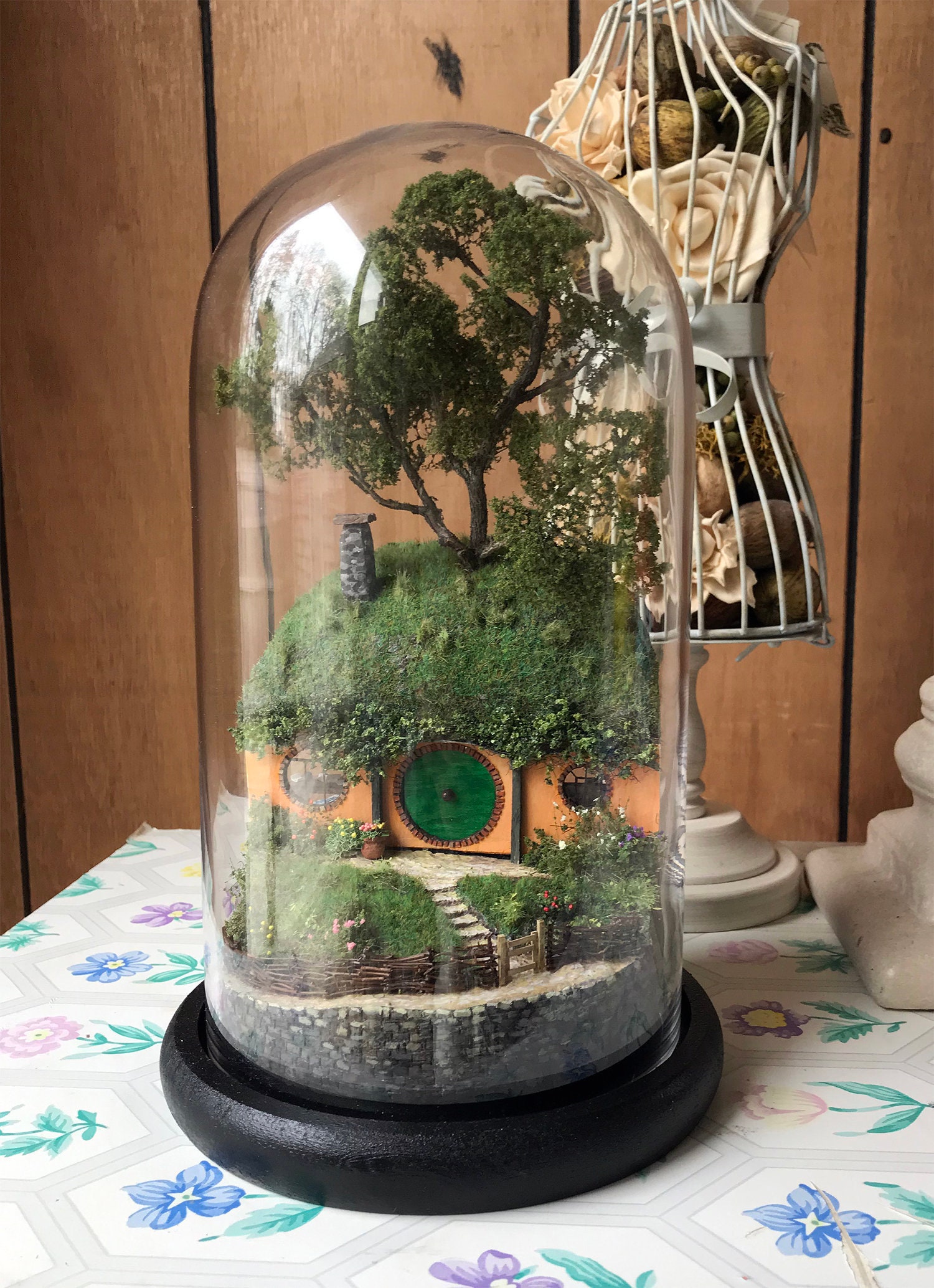 Bag End Hobbit Hole Diorama In Glass Cloche Dome With Wooden Base Handmade Hobbit House Halfling House Hobbit Door Hobbit Terrarium