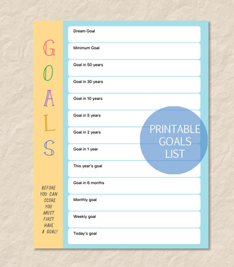 Printable Life Goals List Child's Goals List Life Etsy