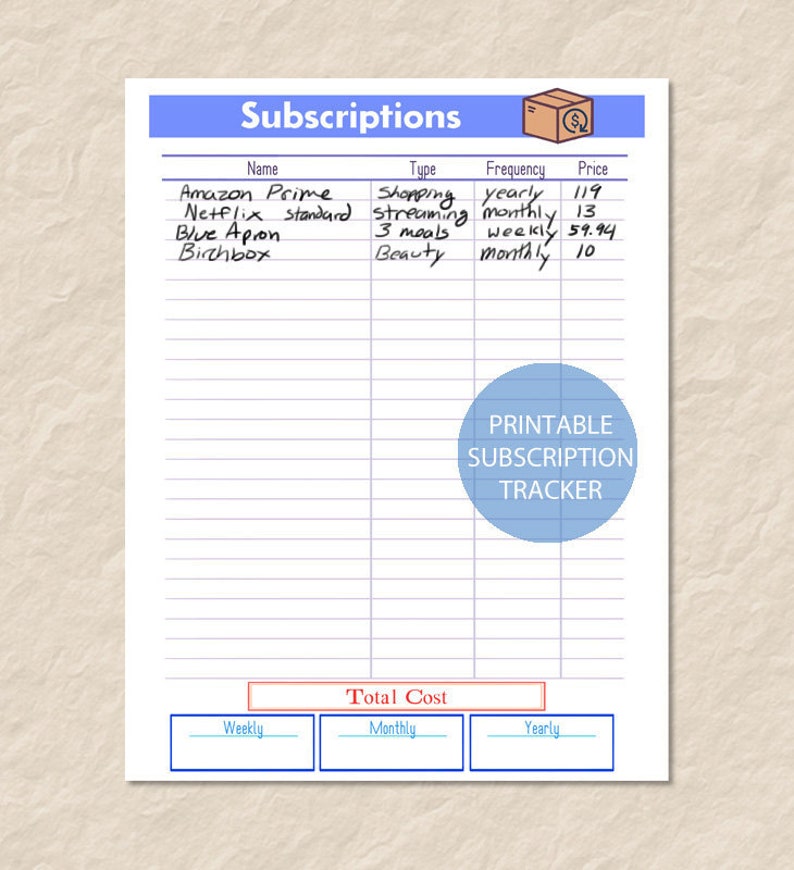 Printable Subscriptions Tracker, Printable Subscription List