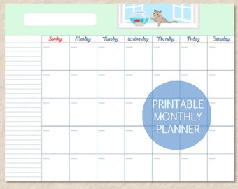 Cute Cat Monthly Planner, Goldfish Art (Printable PDF)