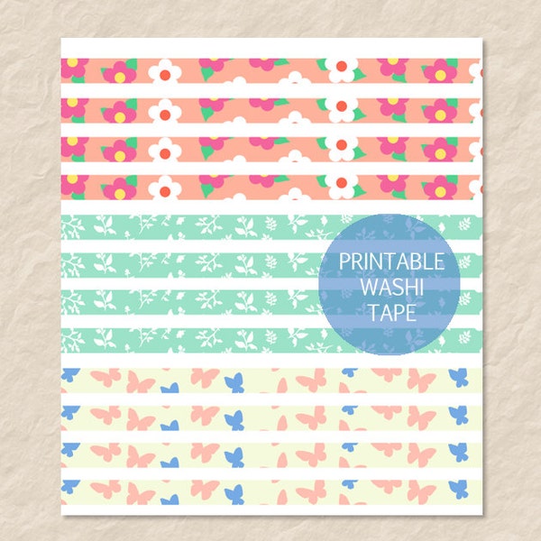 Printable Spring Pattern Washi Tape, Spring Floral Washi Tape, Spring Butterfly Washi Tape