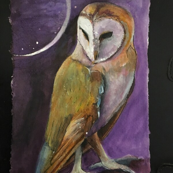 Painting Sale 6x9" 35% Off Barn Owl Moon Watch Acylic Painting Autumn Mood End of Summer Bird of Prey